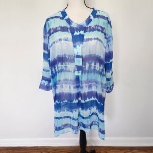 Chico's Jillian Sheer Blue Tie-Dye Cuffed Elbow Sleeve Top Tunic Cover-up XL